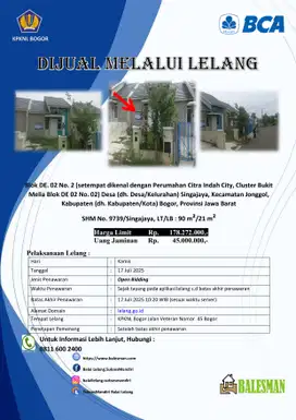 DIJUAL RUMAH MELALUI LELANG WILAYAH BOGOR