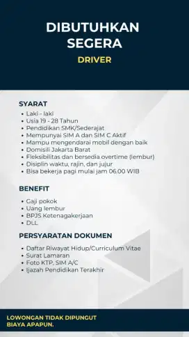 Lowongan kerja Sales & Marketing dan Driver