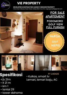 Jual Apartemen Studio Full Furnish. Podomoro Golf View