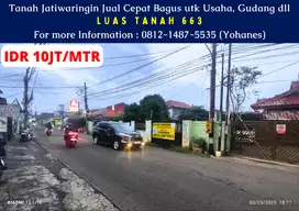 Tanah Jatiwaringin 663mtr jual Cepat bagus utk usaha, gudang dll
