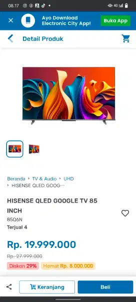 HISENSE QLED GOOGLE TV 85 INCH 0% BEBAS 1-2 KALI CICILAN