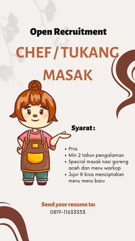 Cari tukang masak chef pria NASI GORENG ACEH