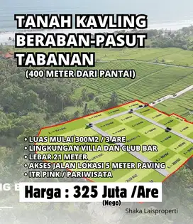 Tanah Kavling Dekat Pantai Dan Club Bar Lokasi Beraban Pasut Tabanan