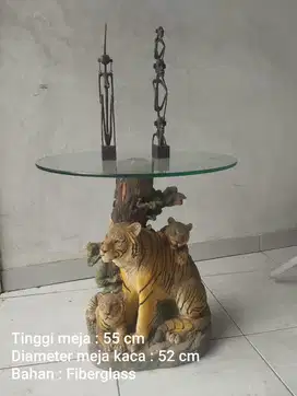 Meja macan 3d, meja kaca fiberglass, meja bundar kaca, tema alam