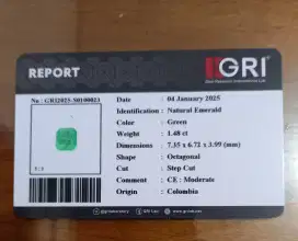 Natural zamrud Emerald Beryl Colombia Minor 1.48 ct.memo GRI + CGL