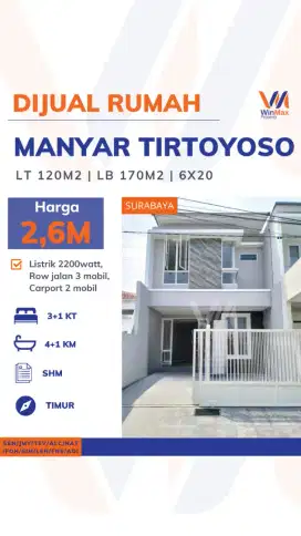 Dijual Rumah Manyar Tirtayoso – Timur, Row 3 Mobil, SHM