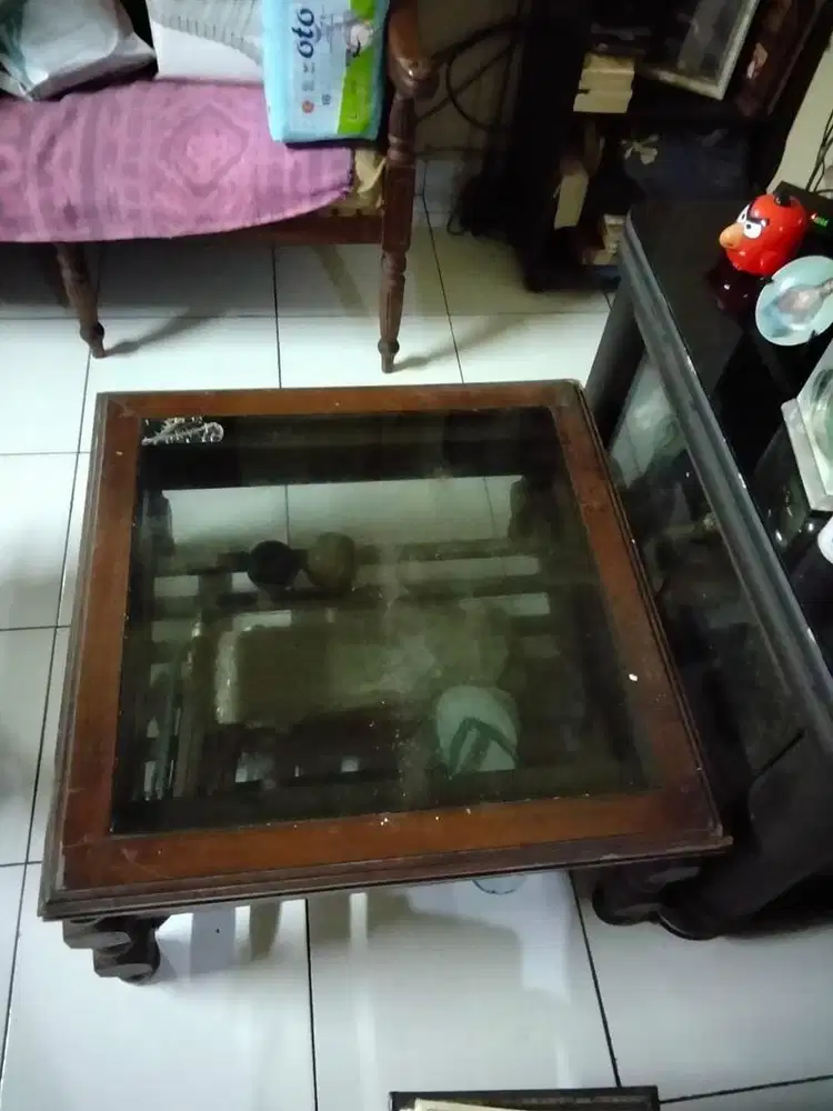 meja kaca kayu klasik