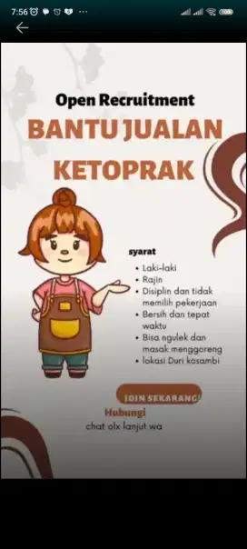 Urgent , Dicari yang bisa ngulek karena bantu jual ketoprak