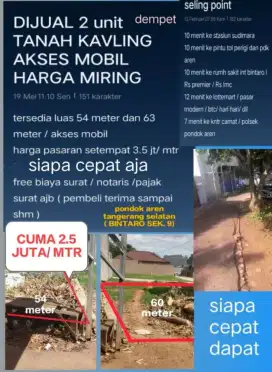 Dijual CEPAT KAVLING akses mobil harga mirjng