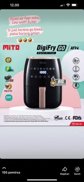 Mito air fryer 3 liter low watt .. penggorengan tanpa minyak