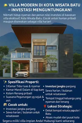 Dijual rumah Villa akses mobil depan jatim park