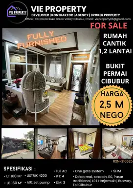 Jual Rumah Cantik1,5 lantai Full Furnish.  Bukit Permai Cibubur.