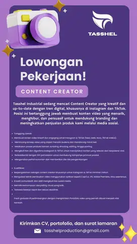Lowangan Kerja conten creator / Konten Kreator video sosial media