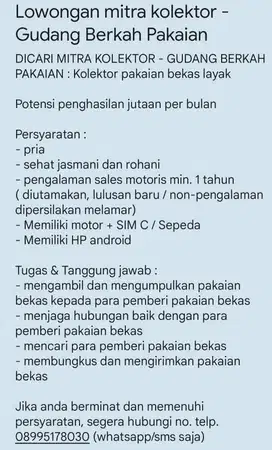 Lowongan mitra kolektor - Gudang Berkah Pakaian