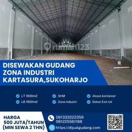 Sewa gudang terluas lokasi sukoharjo luas 1800m strategis