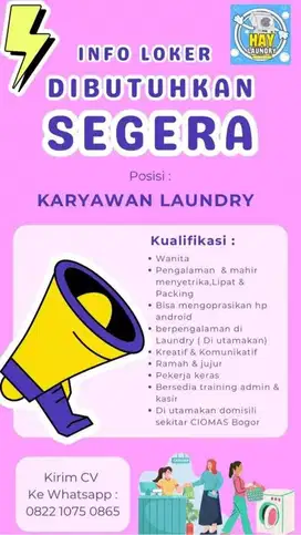 LOKER KARYAWAN LAUNDRY SETRIKA + KASIR