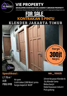 Rumah kontrakan 5 pintu harga nyaris NJOP di Klender Jakarta Timur