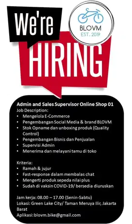 Dicari Admin dan Sales Supervisor Online Shop