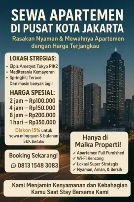 Disewakan apartemen elphis, amethist dan apartemen tokyo PIK2 transit