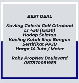 KAVLING Galeria Golf Citraland Luar Cluster dkt BGI Puncak Taman golf