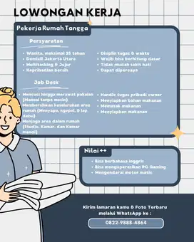 Lowongan ART PRT Wanita Maks.25th Jakarta (Pulang Pergi) 10jam kerja