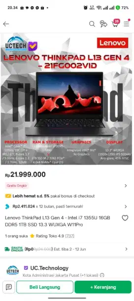 Lenovo Thinkpad L13
Keyboard nyala 
Core i7 Gen13
Ram 16Gb/
SSD 256Gb