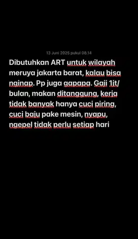 Dibutuhkan ART untuk area meruya
