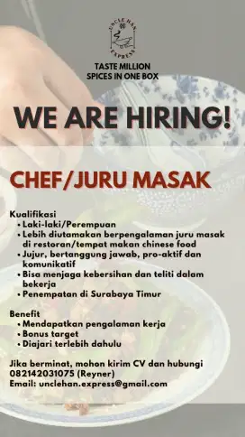 DICARI COOK/JURU MASAK
