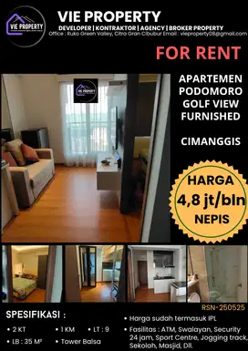 DISEWAKAN APARTEMEN FURNISHED DI PODOMORO GOLFVIEW CIMANGGIS
