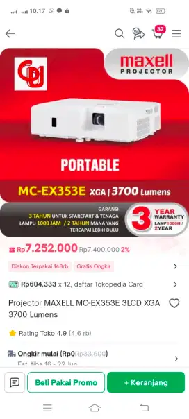 OBRAL Proyektor Hitachi Maxell MC EX353E 3700 XGA CERAH
