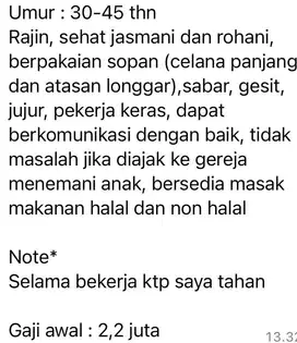 Dibutuhkan segera ART yang bisa mengurus bayi umur 5 bulan