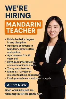Dibutuhkan segera Guru Mandarin