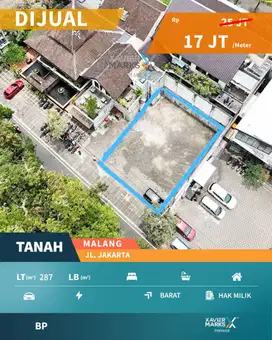 Dijual Tanah Kavling Strategis di Jl Jakarta Klojen Malang