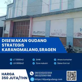 Gudang sewa lokasi Sragen luas 3000 meter sangat strategis