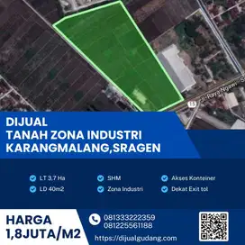 Dijual tanah industri sangat strategis lokasi Sragen Luas 3.7 Ha BU!