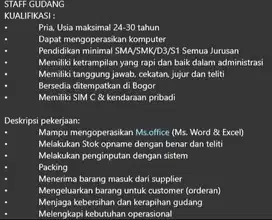 LOWONGAN PEKERJAAN STAFF GUDANG