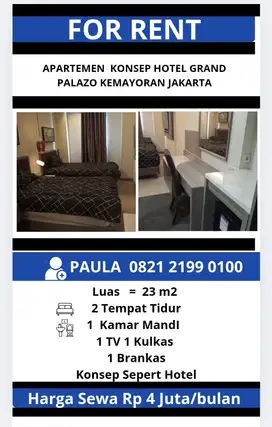 Disewakan Kamar Hotel Grand Palace Rp 4 Juta / bulan