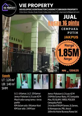 Jual Cepat Rumah Kossan 16 Kamar. Cempaka Putih Jakarta Pusat.