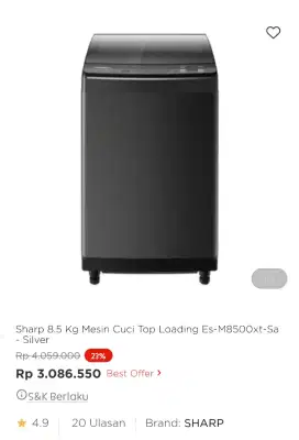 Mesin cuci sharp top loading 8kg