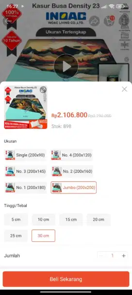 KASUR INOAC UKURAN JUMBO 200X200X30