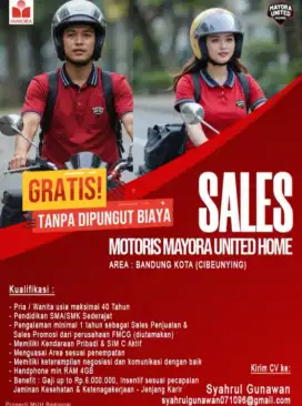 Di butuhkan Sales motoris door to door secepat nya