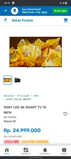 SONY 4K GOOGLE TV 75 INCH 0% BUNGA BEBAS 1-2 KALI CICILAN