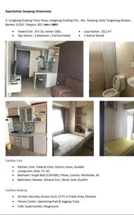 DI SEWAKAN APARTEMEN SGV ,FULL FURNIS TINGGAL MASUK
