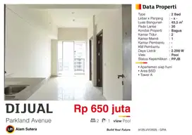 Dijual Apartemen 2BR Unfurnished Bagus di Parkland Avenue BSD