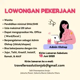 Loker Admin Online Shop tiktok shopee
