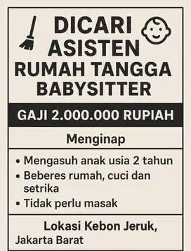 dicari Asisten Rumah Tangga Serabutan