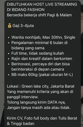 LOWONGAN KERJA HOST LIVE STREAMING FASHION