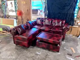 Sofa L kancing bahan kulit