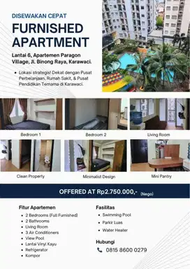 DISEWAKAN MURAH - 2BR FURNISHED APARTMEN PARAGON VILLAGE KARAWACI