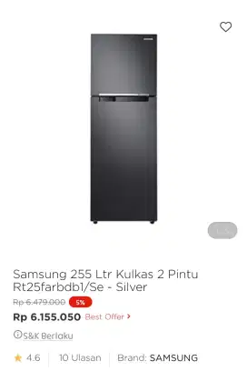 Kulkas samsung 2 pintu Kapasitas 255 Ltr RT25FARBDBI/SE